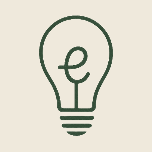 eLOOMination logo: a light bulb with a cursive e, in green