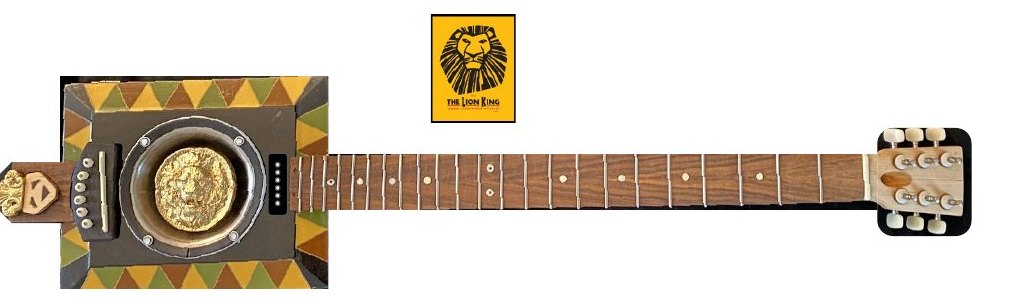 The Bob Marley guitar: a decorated box with a round soundhole and a six-string neck