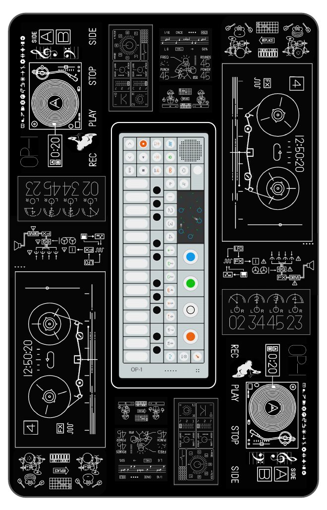 The OP-1 Deck face card: the OP-1 synthesizer drawn in white line on black
